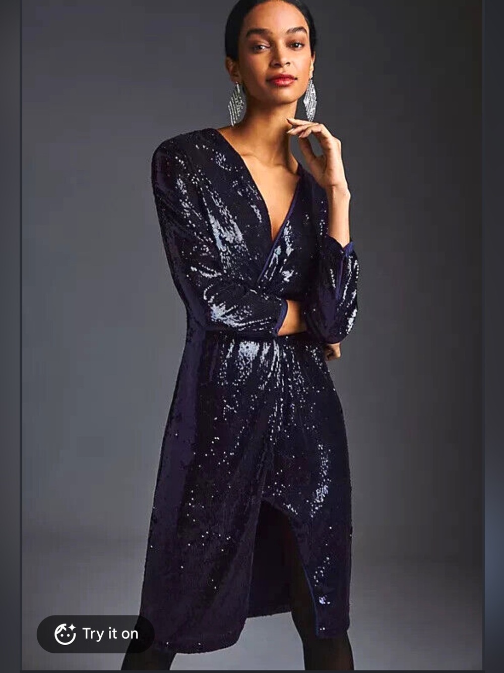 Anthropologie Navy Sequin Wrap Midi Dress - Size 6